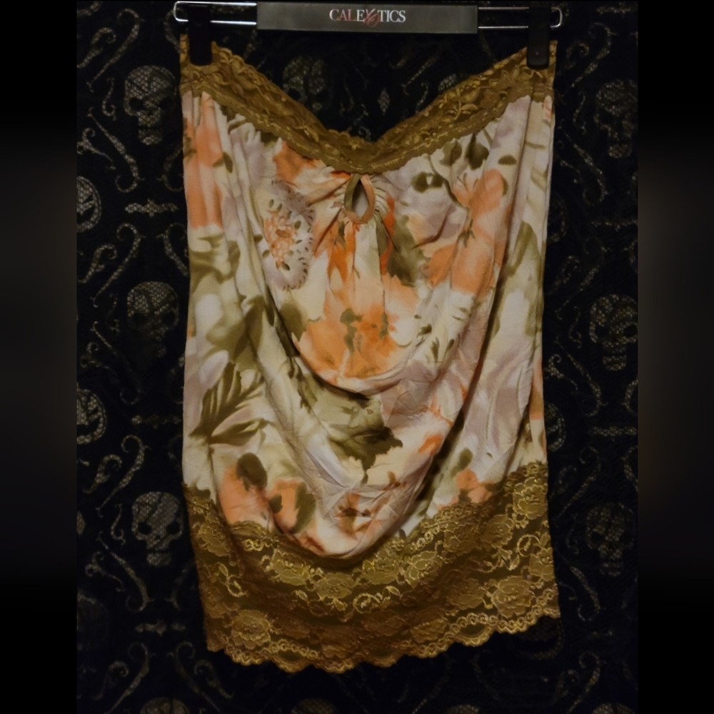 Vtg Y2K Vanity olive grn floral lace strapless keyhole crinkle tube top 1X NWOT - Picture 8 of 16